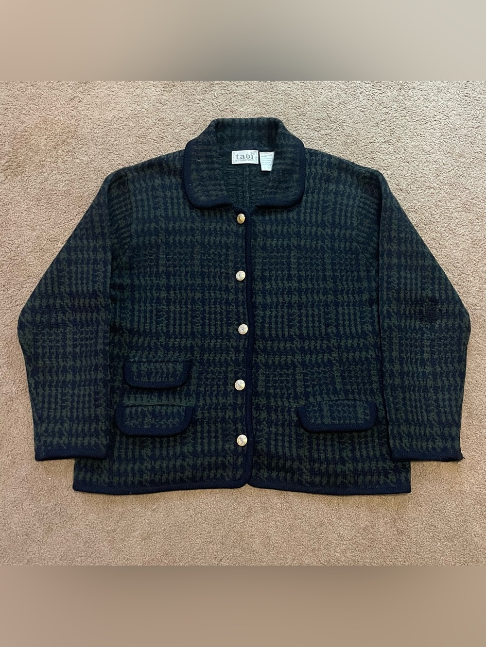 Vintage 100% Pure Wool Cardigan Pattern Knit Pockets Heavyweight 90s Wmns Lrg